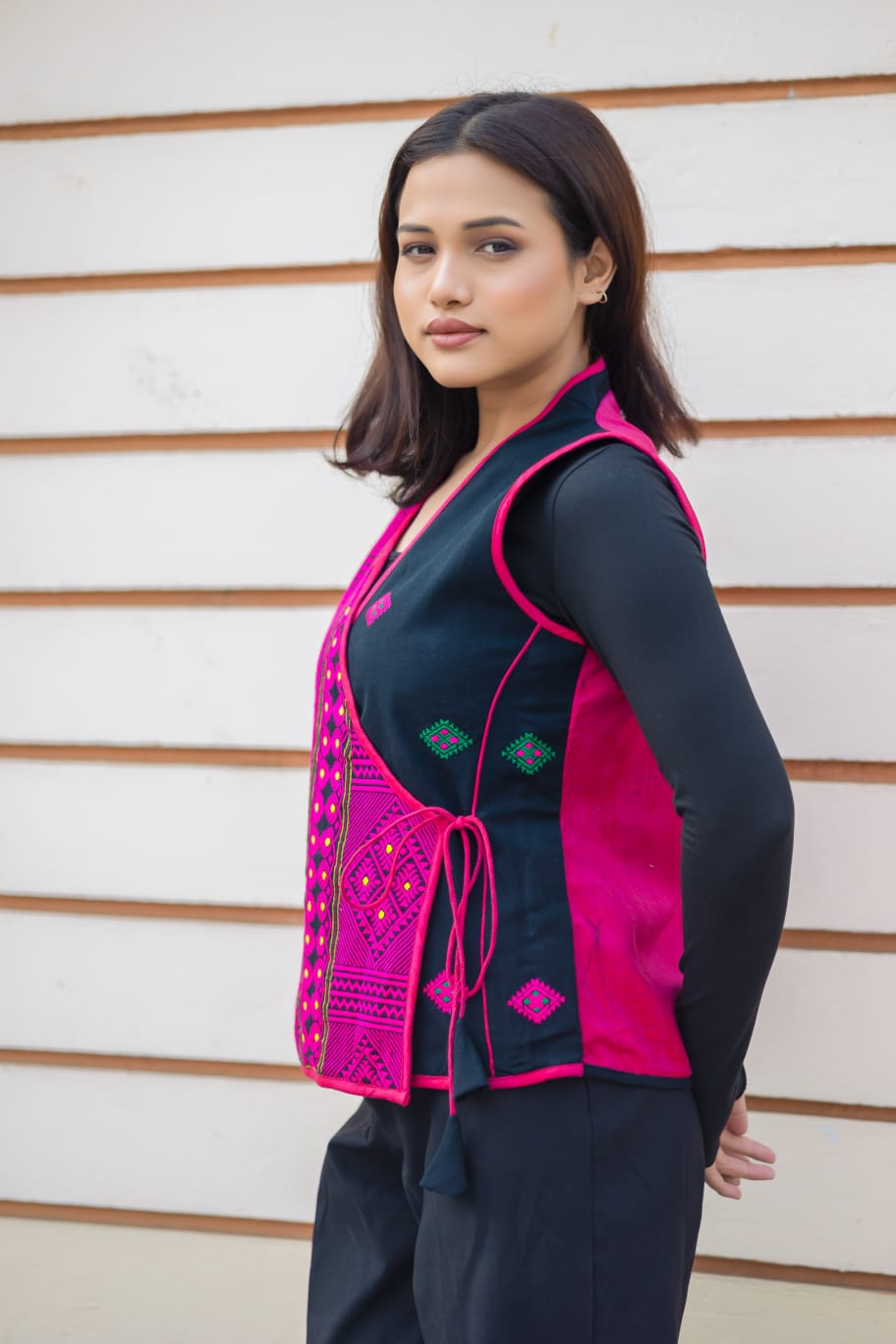 Black and Pink Angrakha style Half Jacket.